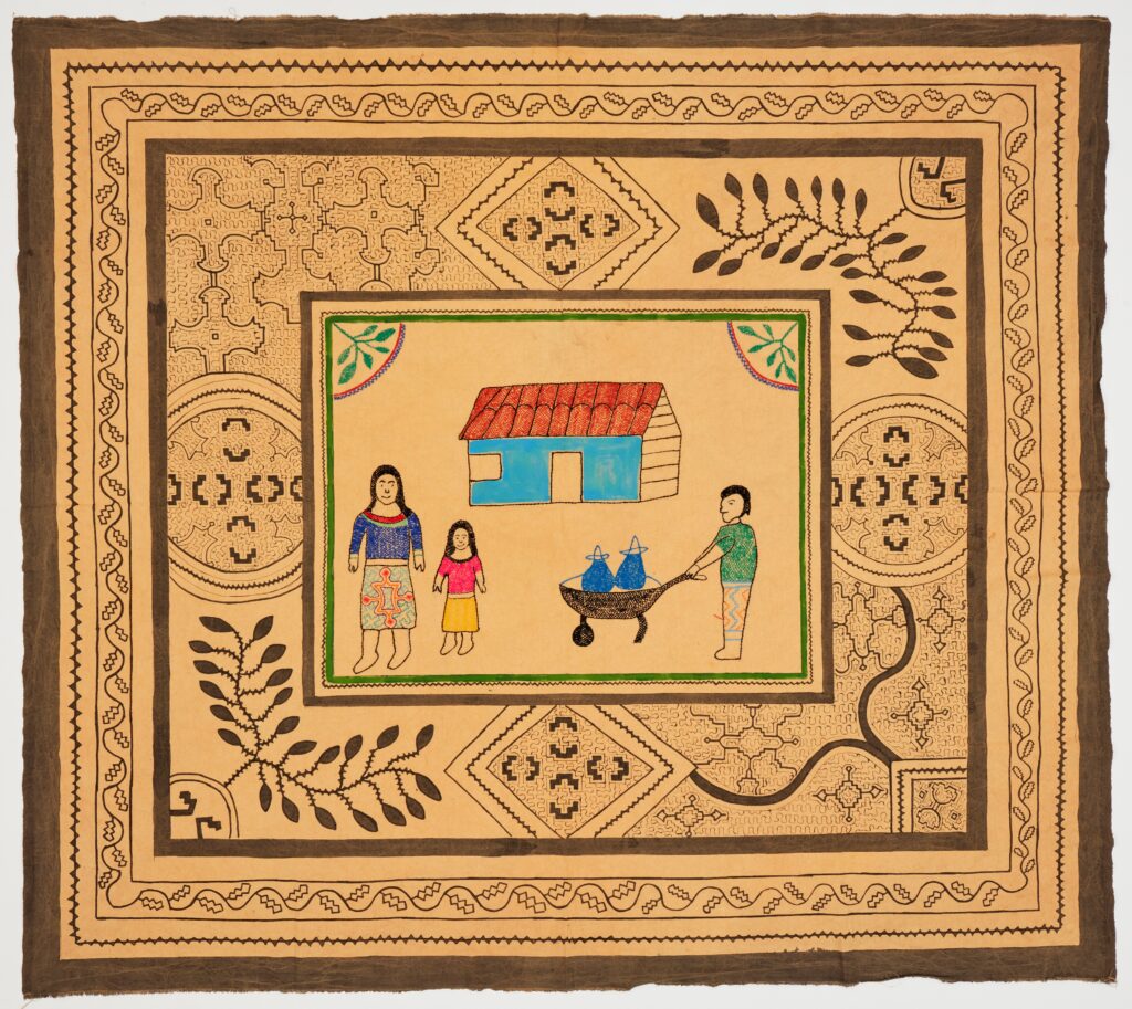 Edelmira Mori *Community Help* Stained with soft mahogany bark with natural dyes, and embroidered on fabric 140 x 160 cm 2021