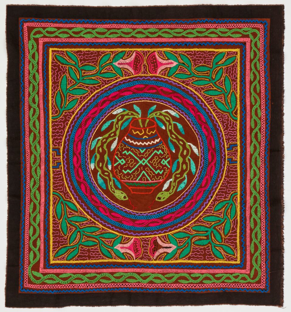 Emilia Teco *Ayahuasca Preparation* Embroidery on cloth dyed with mahogany and mud 65 x 70 cm 2022