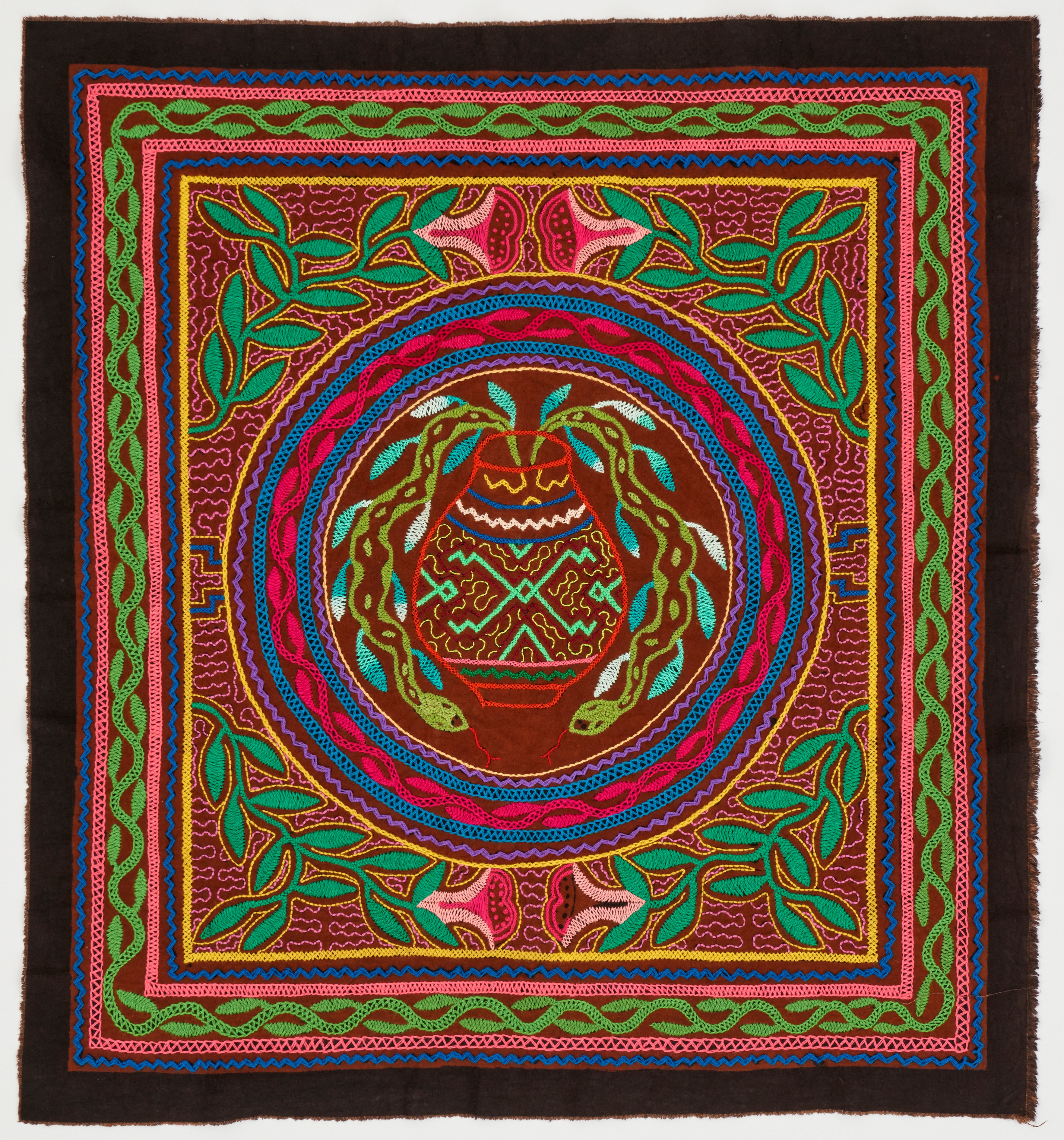 Emilia Teco *Ayahuasca Preparation* Embroidery on cloth dyed with mahogany and mud 65 x 70 cm 2022