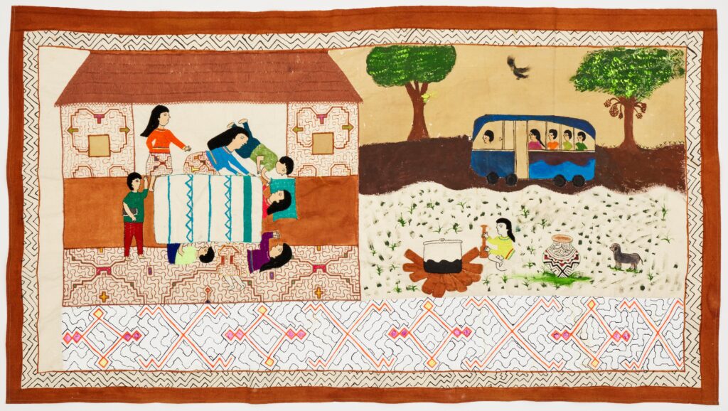 Inés Sinuiri *Tribute To My Mom Sofia In Time Of Covid* Embroidery, dyed with natural dyes and acrylic paint on fabric 76 x 140 cm 2021