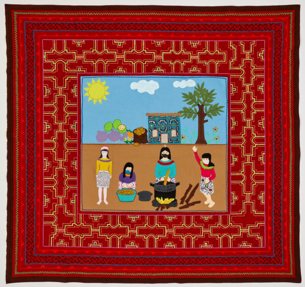 Nelda Silvano *Common Pot In The Pandemic* Natural pigments of mahogany and clay with embroidery, wool, cloths on fabric 111 x 115 cm 2021